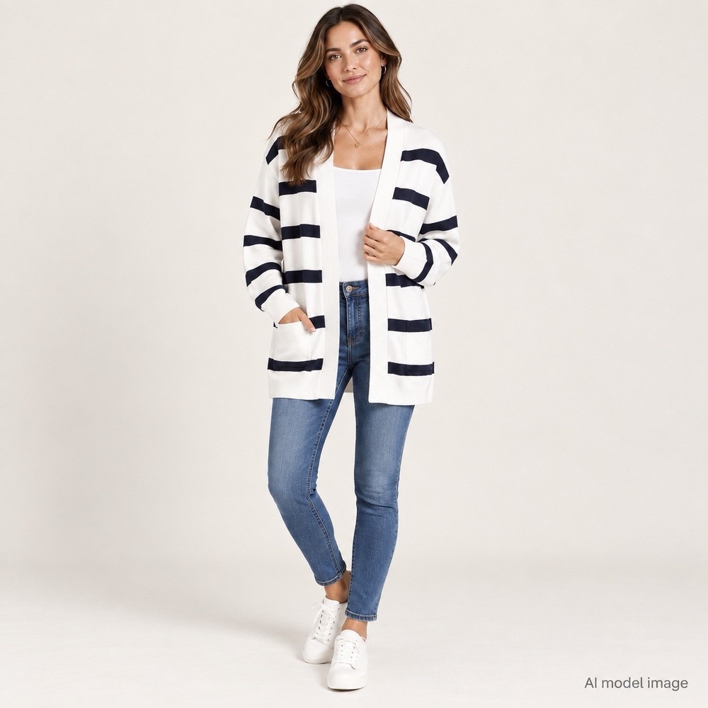 Torrid Cardigan Women 00 Navy White Stripe Open Front Cotton Blend Sweater
